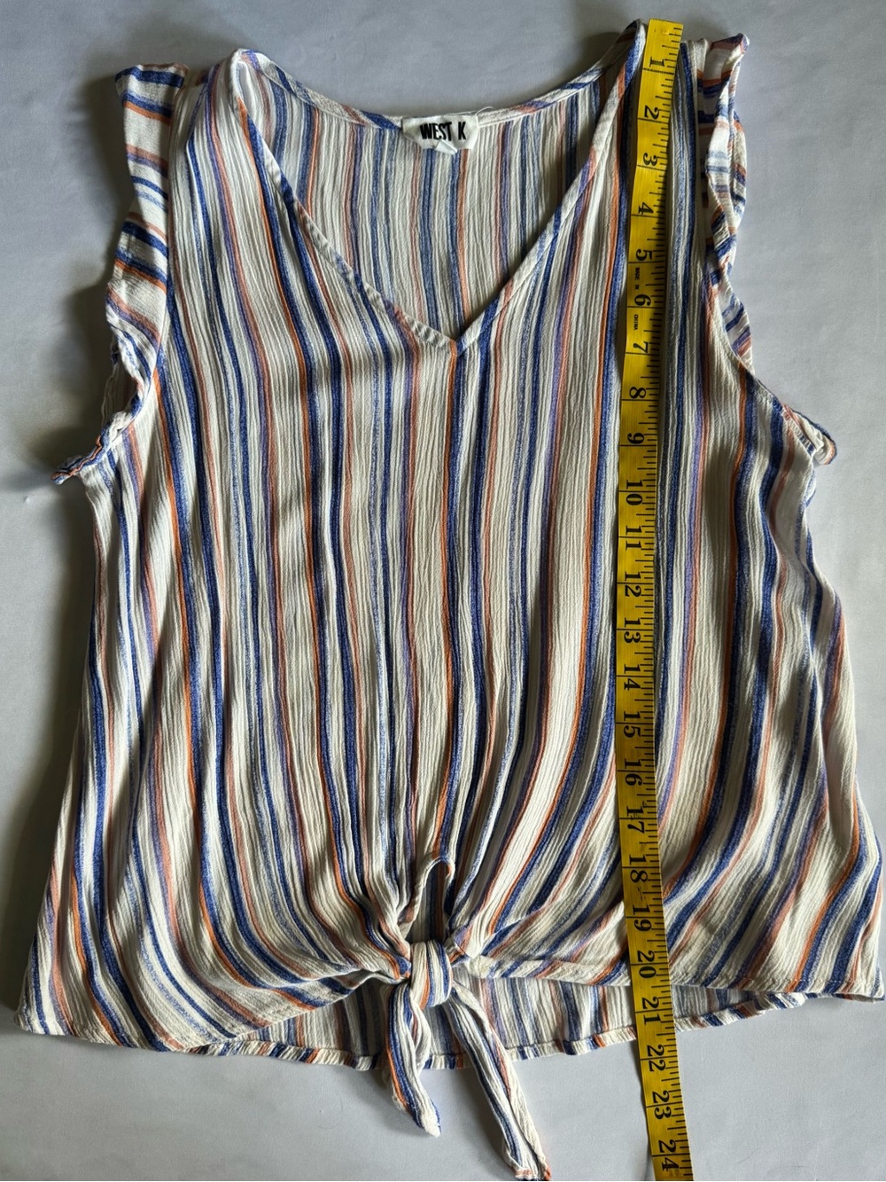 West K Striped Tie Front Tank Top Small V Neck Sleeveless Blue Orange White - Picture 8 of 10